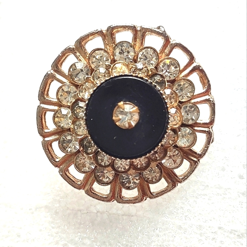 Vintage Art-deco Brooch Black Onyx & White Crystal